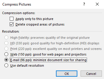 Typically, choose "E-mail (96 ppi)" under "Resolution:"