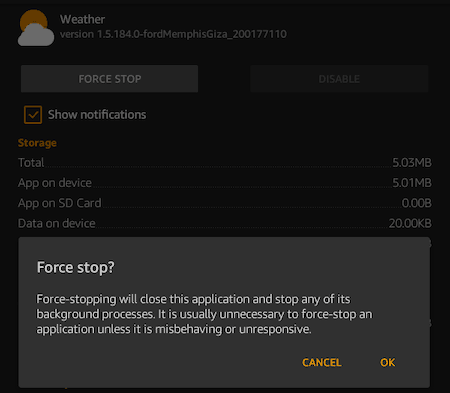 Tap "OK" under "Force stop?"