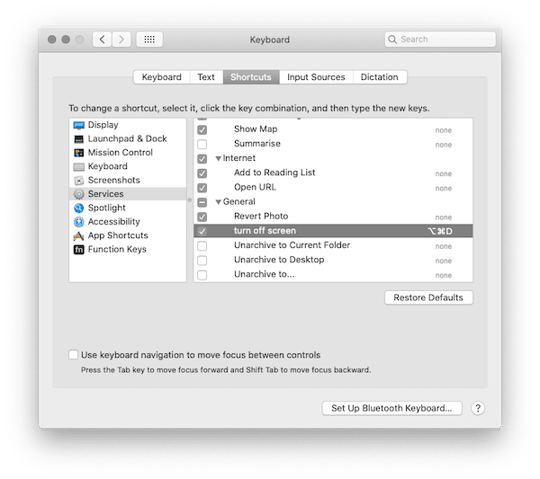 Assign a custom keyboard shorcut to turning off the display on a Mac