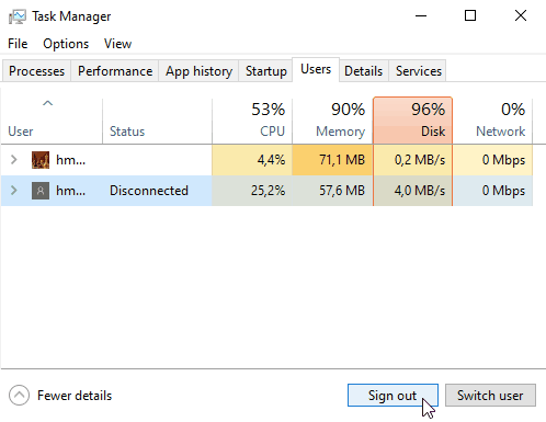 Click "Sign out" at the bottom of the Task Manager window
