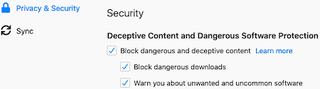 Enable safe browsing checks (for phishing and dangerous downloads) in Firefox