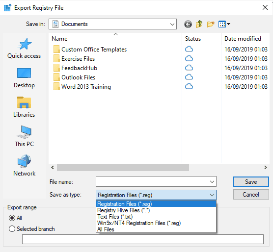Make sure "Registration Files (*.reg)" is selected under "Save as type:"