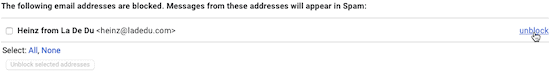 Click "unblock" for the email you want to unblock on Gmail