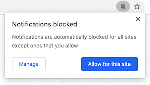 Select "Allow for this site" to enable notifications per website in Chrome