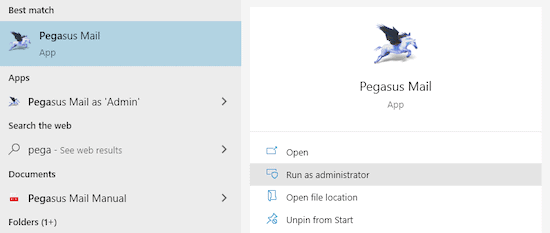 Run Pegasus Mail as Windows admin once