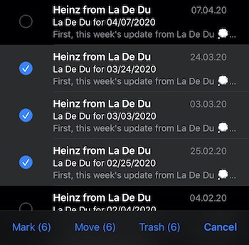 After swiping to select, tap "Trash" to delete multiple emails on iPhone swiftly