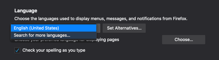 Choose the desired display language for Firefox