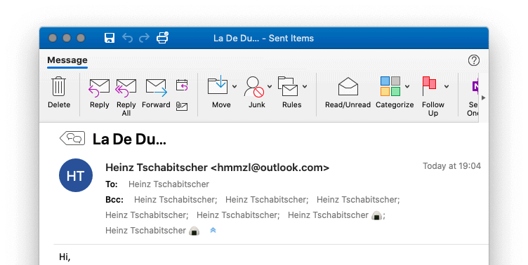 See Bcc recipients of sent email in Outlook for Mac