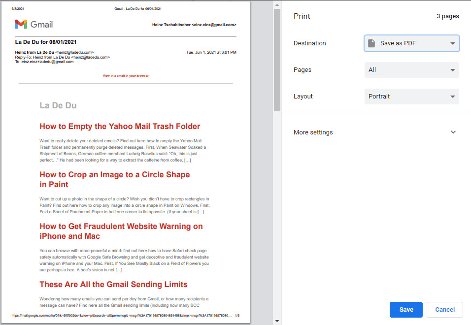Save Gmail email as PDF using the print dialog