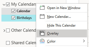 Select "Overlay" to see Outlook calendars in a combined view