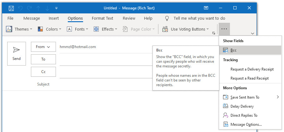 Select "Bcc" under "Show Fields" in Outlook