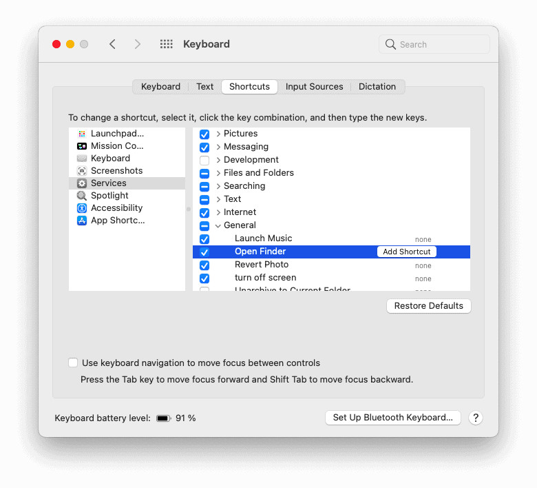 Click "Add Shortcut" to finish setting up your "Open Finder" keyboard shortcut