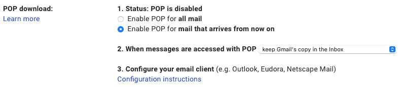 Enable POP in Gmail for all new emails