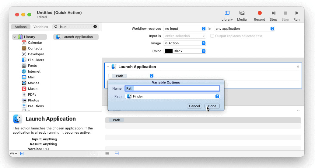 Let the "Path" variable point to Finder