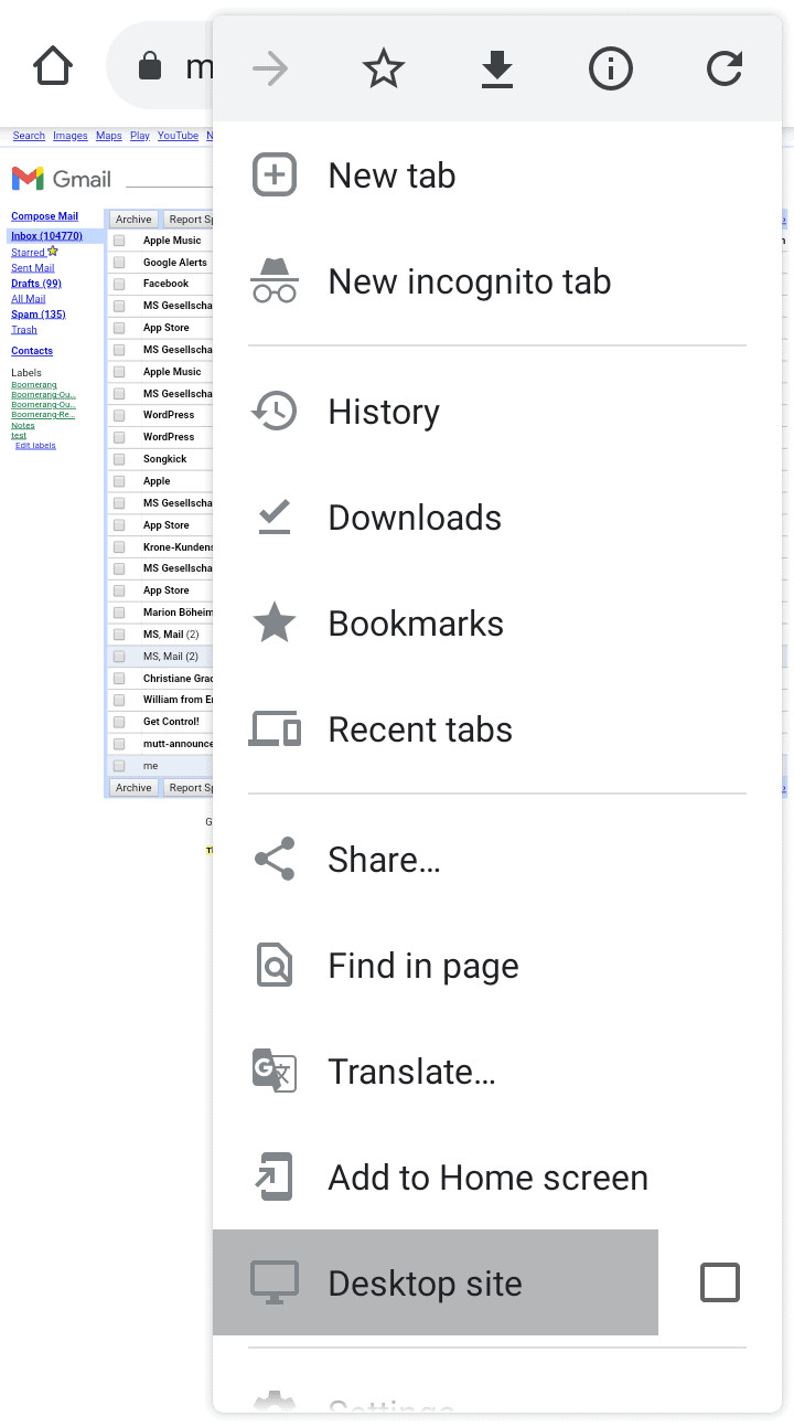 Request "Desktop site" in Chrome to open Gmail desktop version on Android