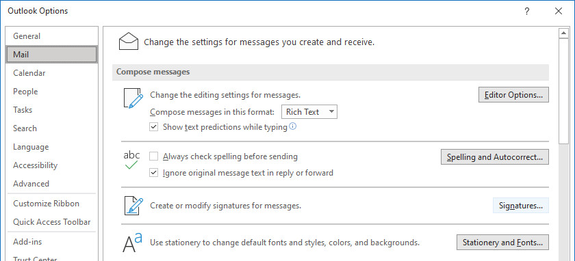 Select “Signatures…” in the “Outlook Options” dialog