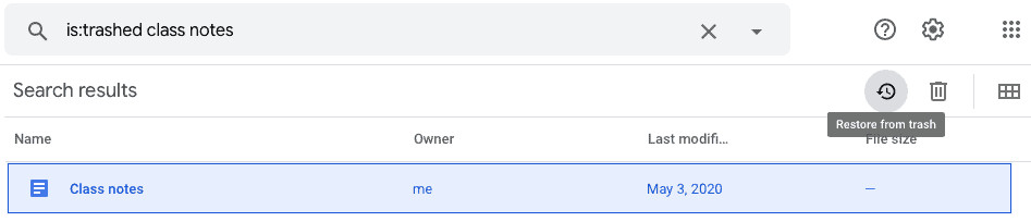 Click "Restore from trash" to undelete a deleted file in Google Drive