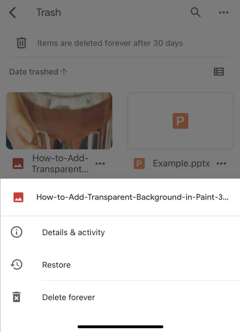 Restore a deleted file using the Google Drive app