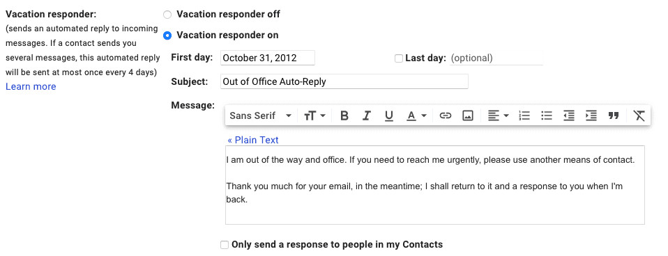 Setting up an out of office auto-reply in Gmail