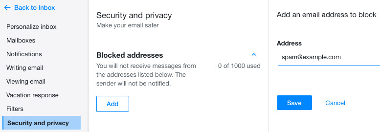 Click "Save" to block an email address in Yahoo Mail using the blocking list