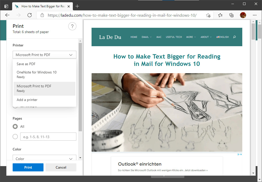 Select "Microsoft Print to PDF" as the printer