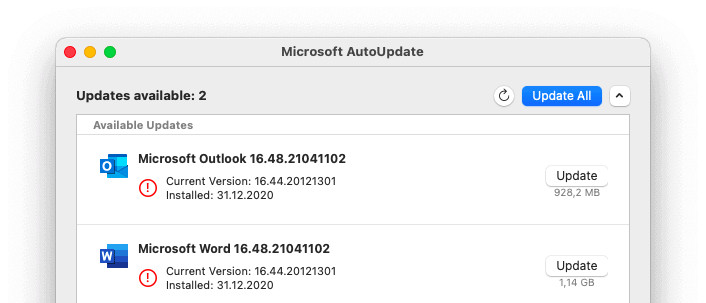 Click "Update" for Outlook to update Outlook for Mac using Microsoft AutoUpdate