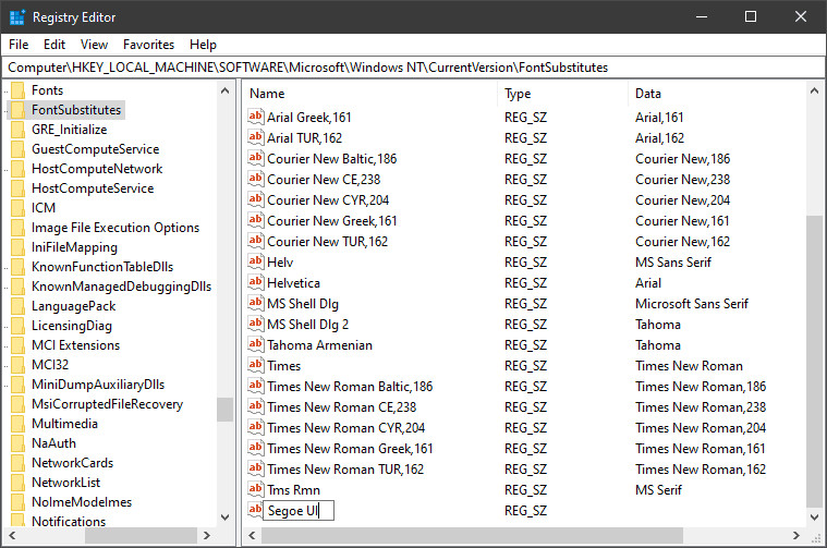 Create a value for Segoe UI in FontSubstitutes to change the Windows 10 interface font