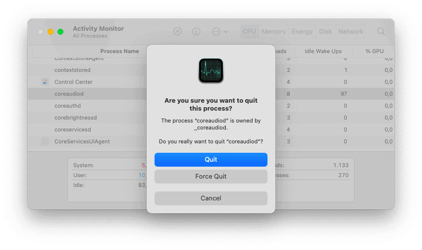 Force quit coreaudiod to fix locked volume on a Mac