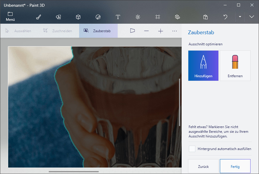 "Hintergrund automatische ausfüllen" ausschalten für transparent Paint 3D-Hintergrund