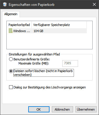 In Windows 10 immer ohne Papierkorb löschen