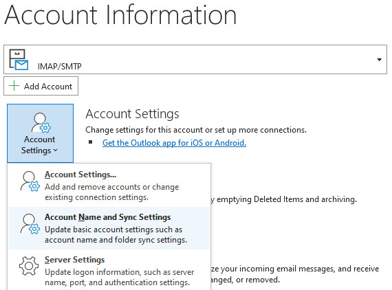 Select “Account Name and Sync Settings” in Outlook