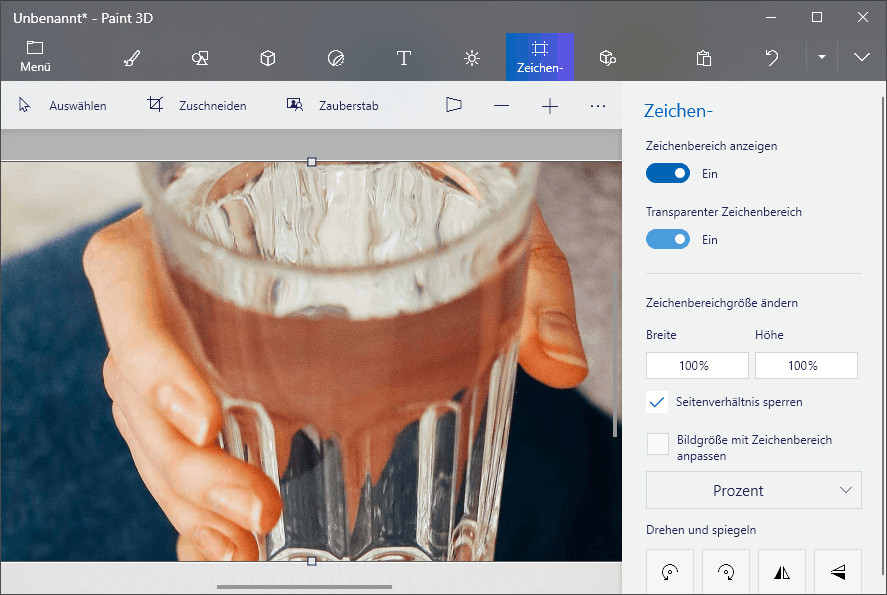 Transparenter Zeichenbereich für transparenten Hintergrund in Paint 3D