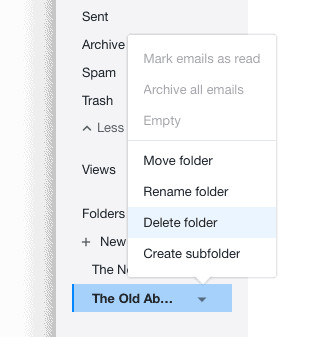 Delete a Yahoo Mail folder with its context menu in a desktop browser