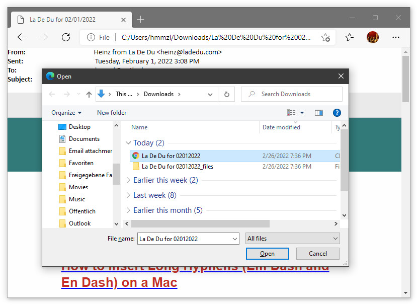 Open the email in HTML format in Edge