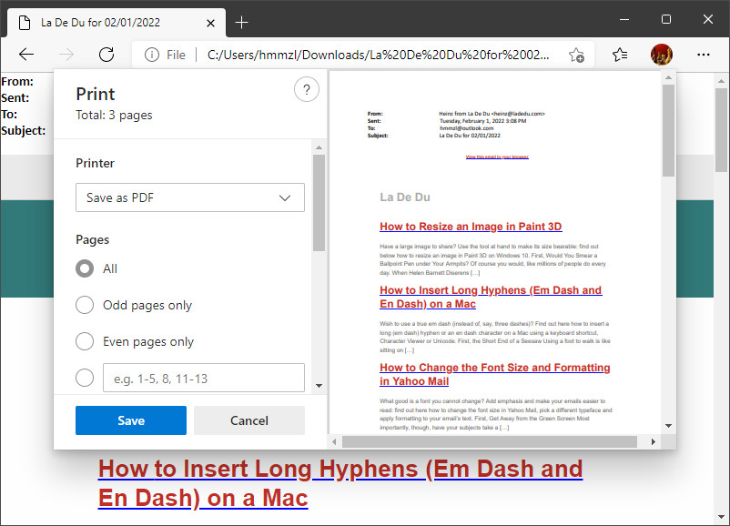 Print the Outlook email as a PDF file in Edge