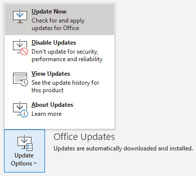 Select "Update Now" to check for Outlook updates