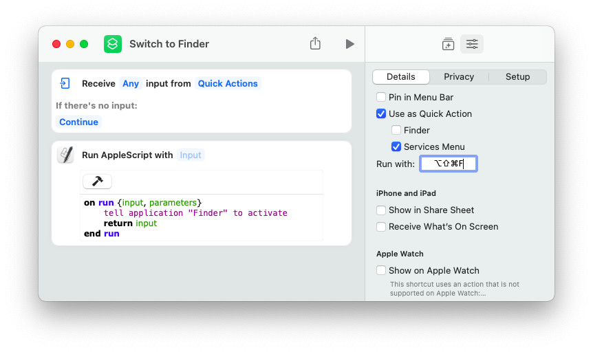 Create a custom keyboard shorcut for opening Finder with Shortcuts