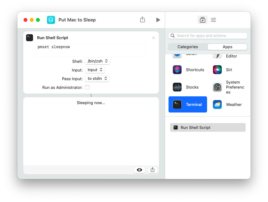 Set up a Shortcuts action for sleeping a Mac