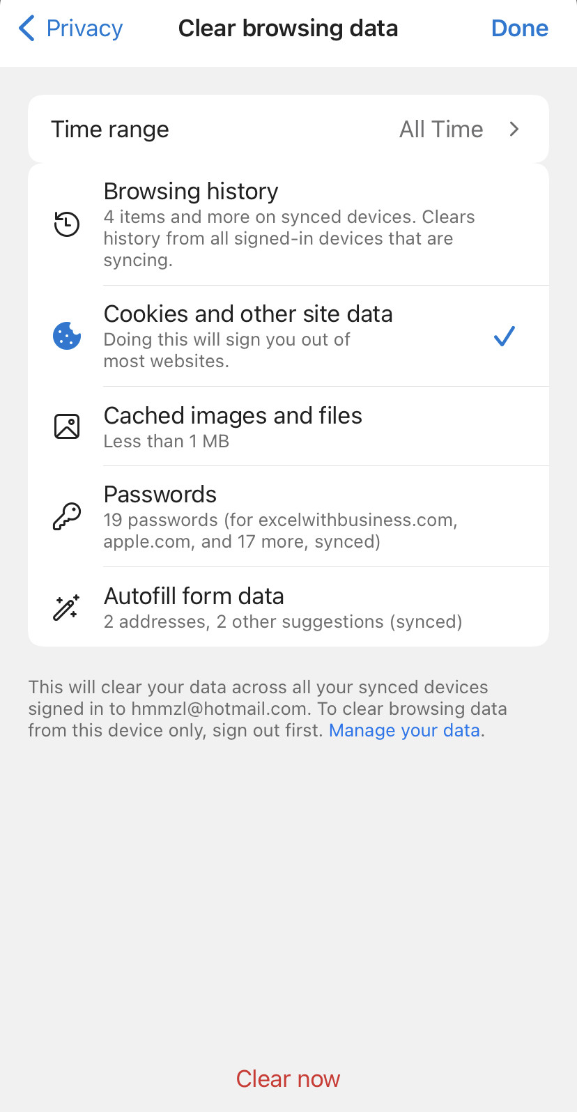 Clearing cookies in Microsoft Edge for iPhone