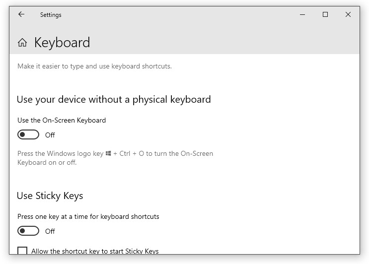 Enable the Windows 10 on screen keyboard in Settings