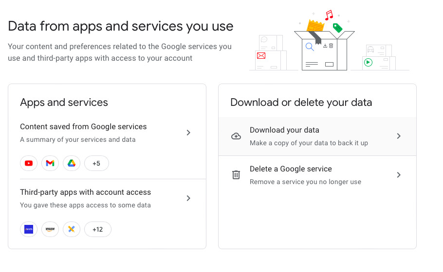 Select “Download your data” to start downloading all your Gmail emails
