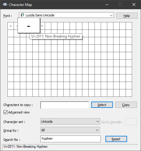 Highlight the no-break hyphen in Windows Character Map