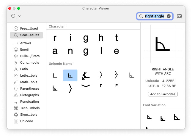 Insert a right angle symbol using Mac Character Viewer