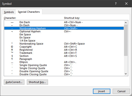 Insert the no break hyphen using the Office symbol dialog