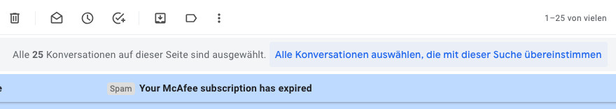 Klicken Sie nun "Alle Konversationen auswählen, die mit dieser Suche übereinstimmen" um alle Mails in Gmail zu löschen