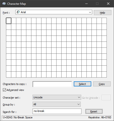 Search for "no-break" in Character Map to insert a nonbreaking space on Windows