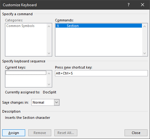 Set up a keyboard shortcut for the section sign in Office