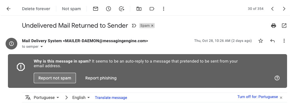 Clkick "Not spam" to recover an email from the Spam folder in Gmail