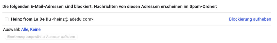 Blockierung eines Absenders (in „Blockierte Absender“) in Gmail aufheben