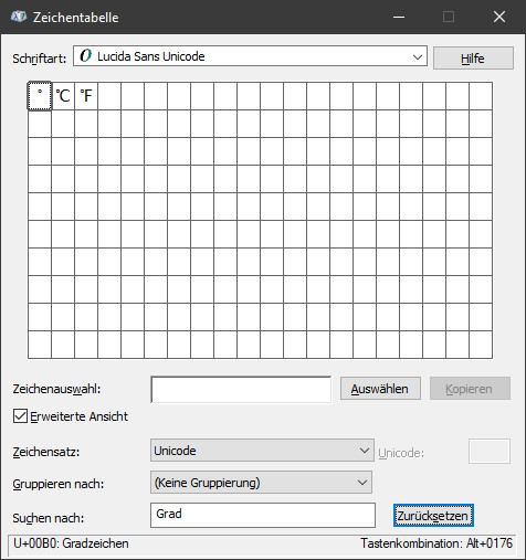 Das Grad Zeichen lässt sich mit der Windows Zeichentabelle praktisch überall einfügen